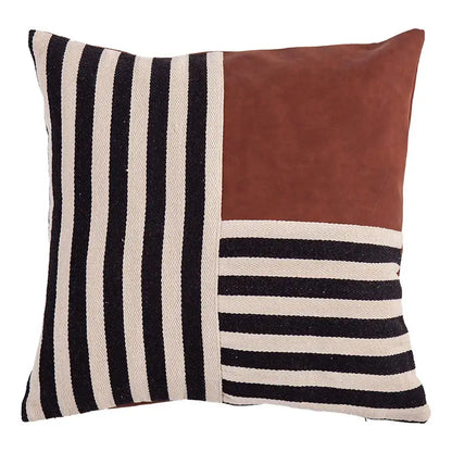 Square throw pillow cover with black stripe faux leather, cream herringbone patchwork, and brown suede panel decorbites decor