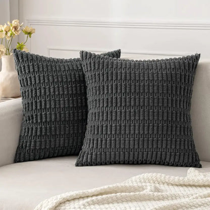 Dark gray textured throw pillows with a ribbed black striped corduroy fabric finish for decorbites black striped throw pillow cover