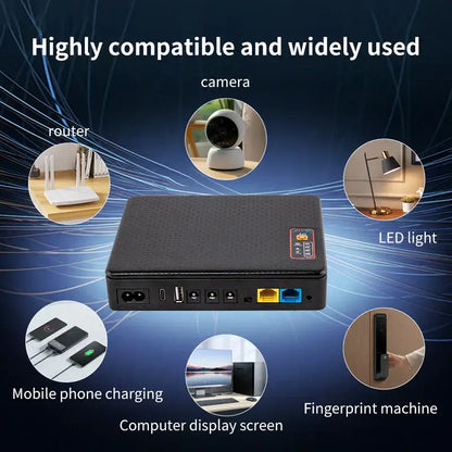 Black textured mini ups backup battery with multiple ports and orange label for decorbites dc ups backup use