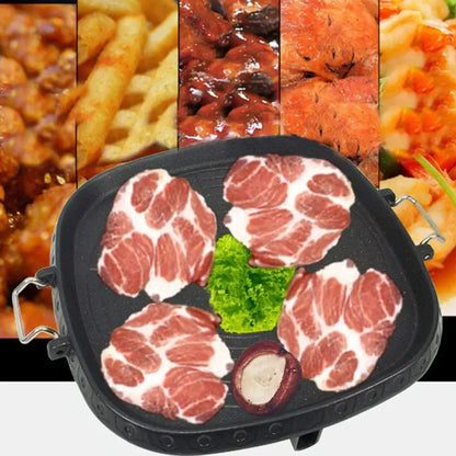 Black textured square korean bbq grill pan with electric surface cooking four marbled pork belly slices and one mushroom