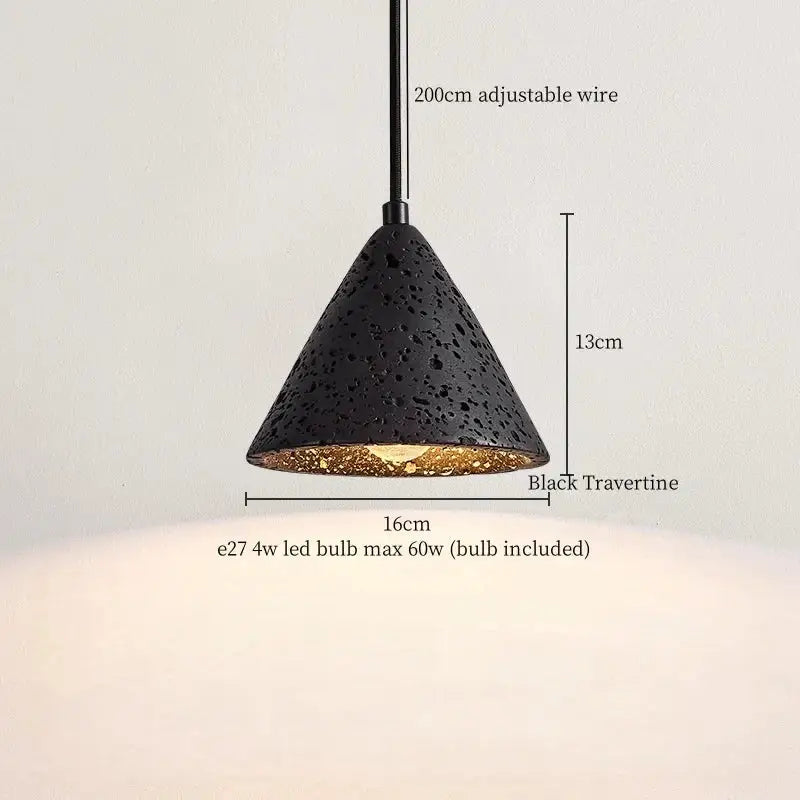 Black travertine cone-shaped pendant light with textured speckled surface and gold-lined interior for decorbites glass ball