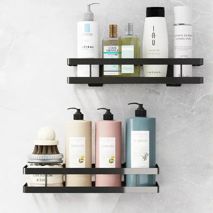 Black two tier metal bathroom shelf mounted on wall holding toiletries for bathroom shelf shower storage use