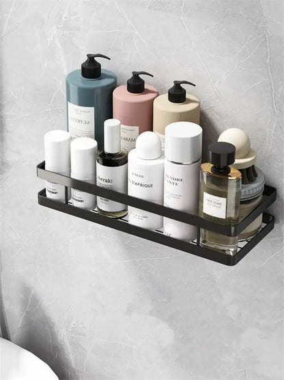 Black two tier metal bathroom shelf wall mounted with toiletries for shower storage and bathroom shelf shower organization