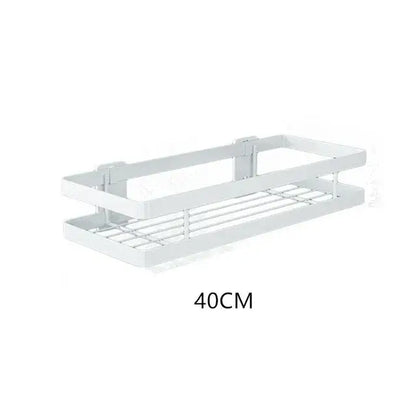 White metal double-tiered bathroom shelf shower with grid design and mounting brackets for shelf shower storage