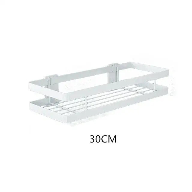 White metal double tiered bathroom shelf with grid design and mounting brackets for bathroom shelf shower storage