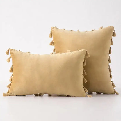 Beige suede throw pillows with tassel fringe trim complement decorbites black velvet pillow cover for living room sofa decor