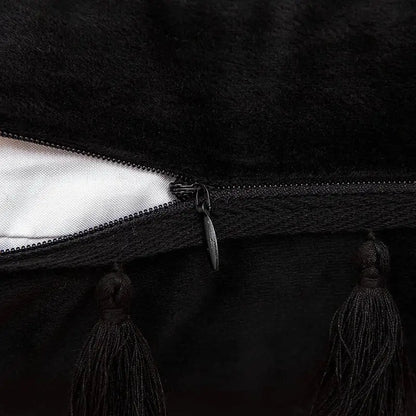 Black velvet tassel fringe pillow cover with zipper closure and matching tassels for living room sofa decorbites