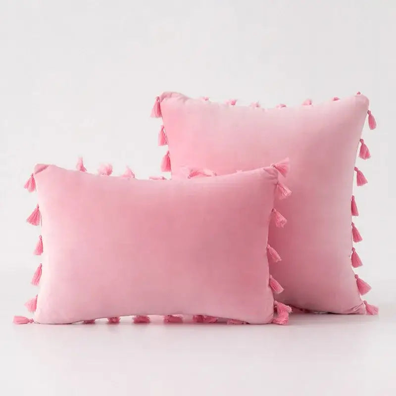 Soft pink velvet pillow cover with tassel fringe by decorbites ideal for living room sofa decor