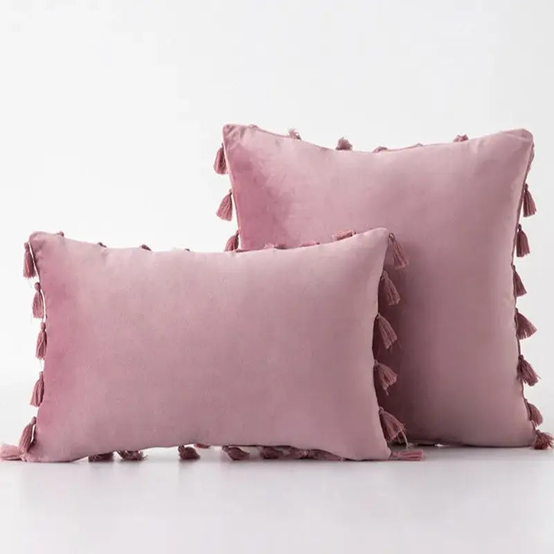 Soft blush pink velvet pillow cover with matching tassel fringe edges for decorbites black velvet living room decor