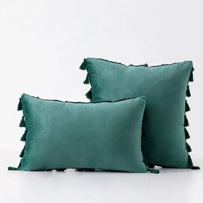 Teal velvet throw pillow with black tassel fringe featuring decorbites black velvet pillow cover for sofa decor