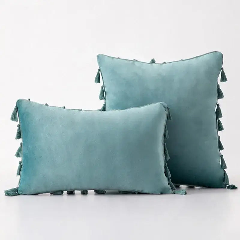 Teal suede pillow cover with matching tassel fringe edges for decorbites black velvet living room sofa decor