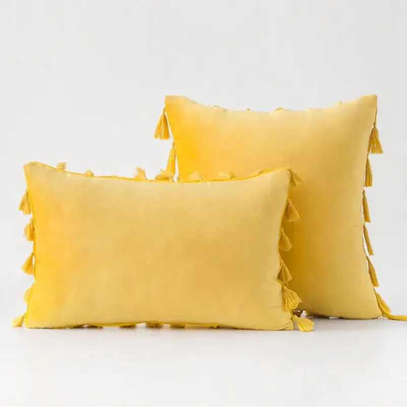 Yellow velvet pillow cover with tassel fringe edges for living room decorbites black velvet style