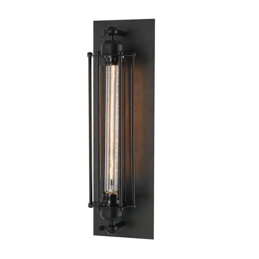 Black vintage industrial wall sconce with exposed edison bulb and vertical glass enclosure for bedroom decorbites design
