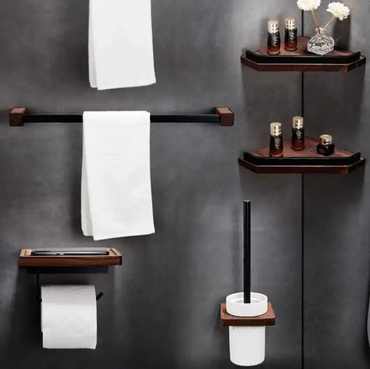 Dark wood corner shelf from decorbites black walnut bathroom set with glass vase and dark amber bottles for storage
