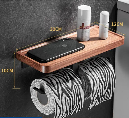 Wooden wall-mounted shelf with integrated toilet paper holder in natural black walnut for decorbites black walnut bathroom set
