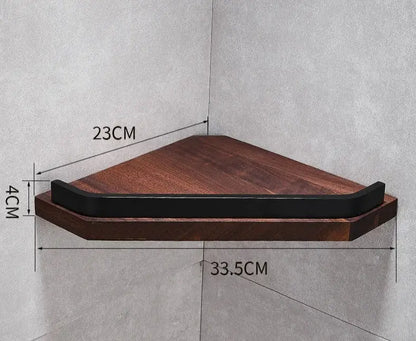 Dark brown wooden corner shelf with black metal trim from decorbites black walnut bathroom set for bathroom storage and decor