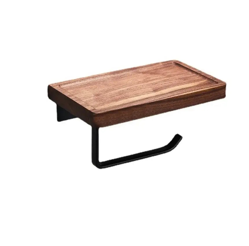 A sleek rectangular wooden toilet paper holder with dark brown finish and black metal bracket from decorbites black walnut bathroom set