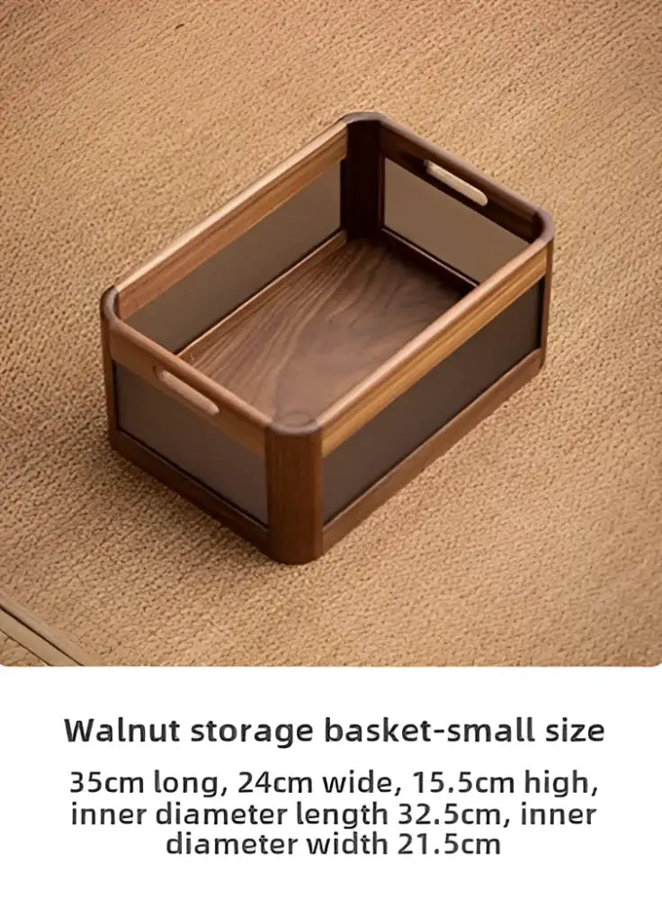 A small rectangular black walnut wood desktop organizer with dark brown finish and integrated side handles