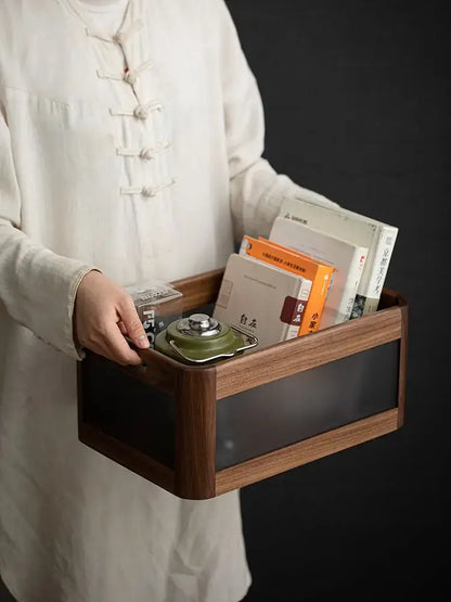 Black walnut wood desktop organizer set with dark wood floating shelf, glass panel, and green tea set for office storage