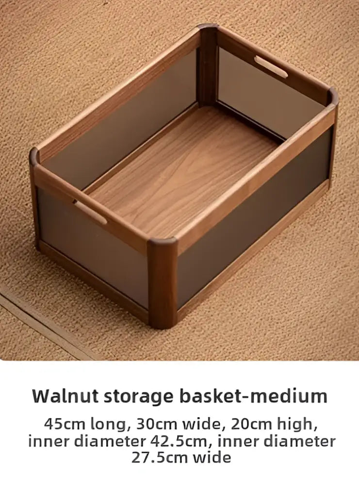 Medium-sized rectangular desktop organizer box with black walnut wood sides and glass panels for office storage