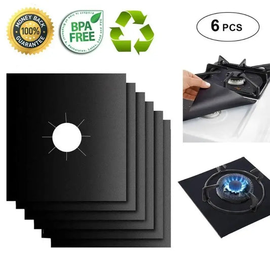 Black washable gas stove surface protector mats 6 pack with central circular cutouts and radial lines for precise placement