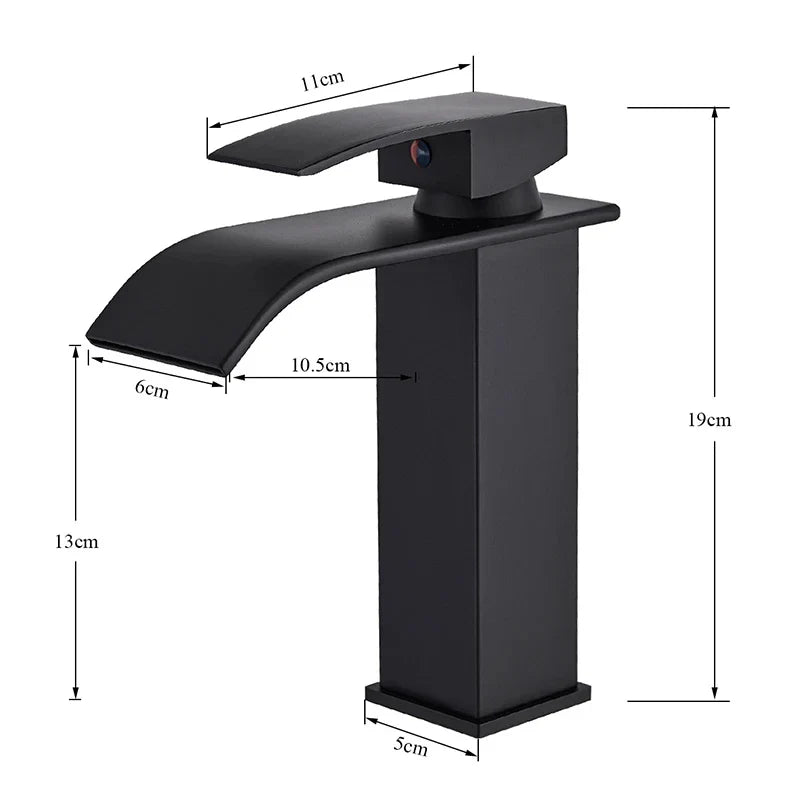 Black matte waterfall bathroom faucet with single hole design and cold water mixer for basin sink use