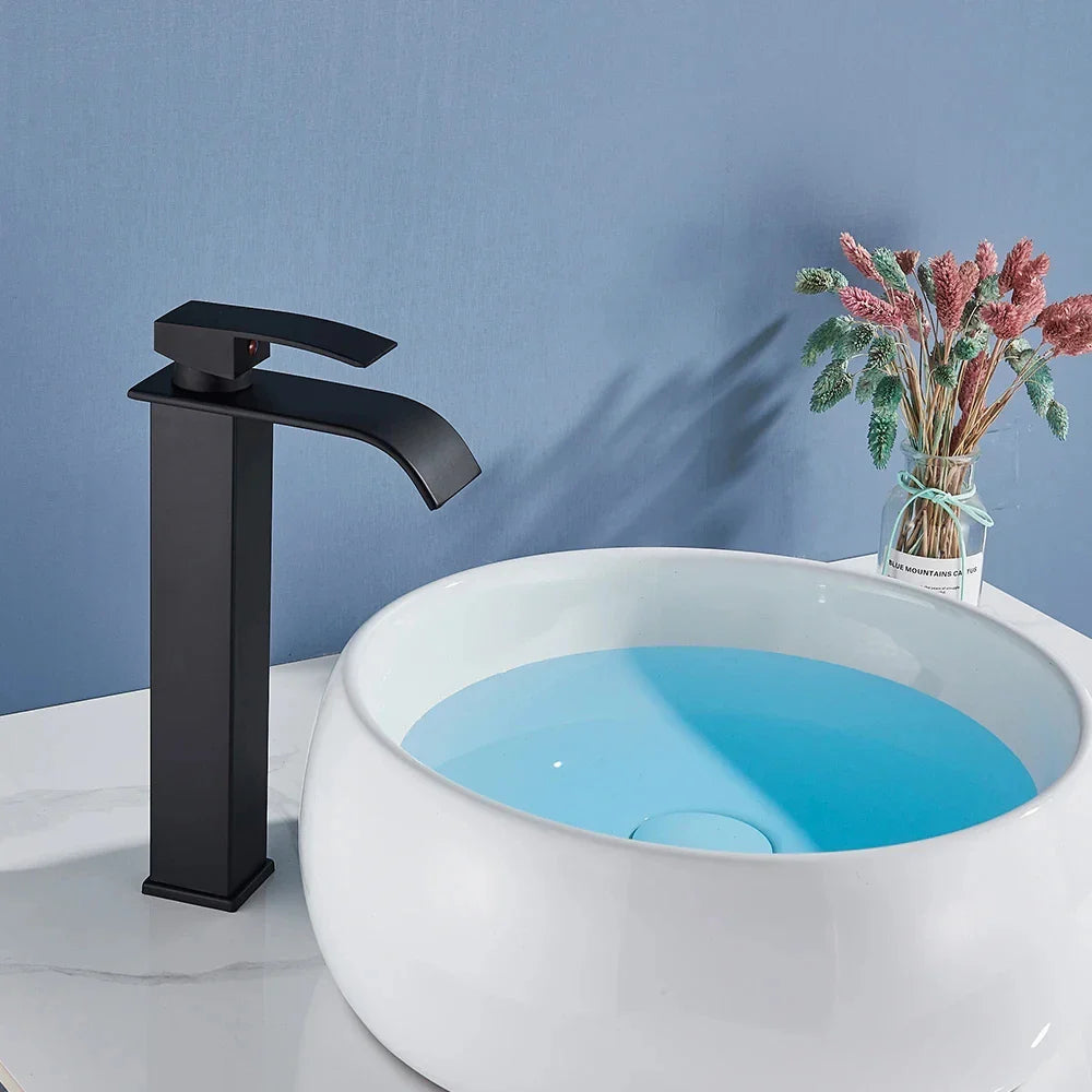Black waterfall bathroom faucet single hole mixer tap with sleek black matte finish and cold water control
