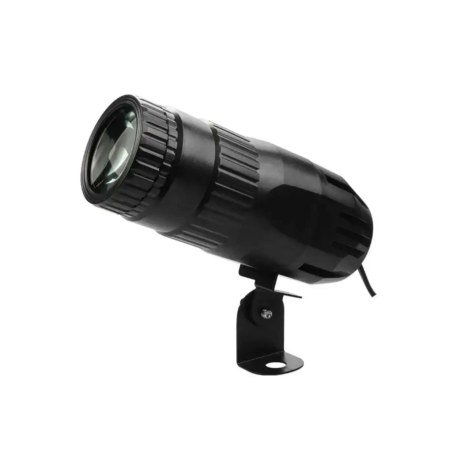 Black cylindrical 15w rgbw led pinspot beam light with textured ridged surface and mounting bracket for living room event