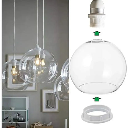 Clear glass globe pendant light fixture with white plastic mounting base and socket featuring 40mm collar rings adapter