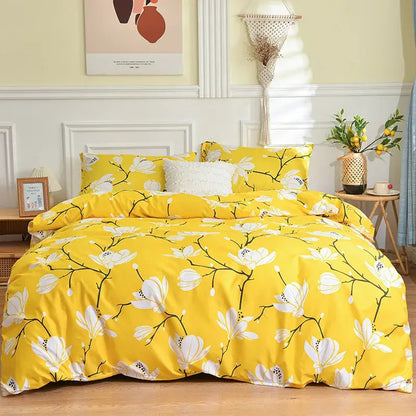 Bright yellow branch flower duvet cover set featuring bold white magnolia blossoms and black decorbites branch flower design
