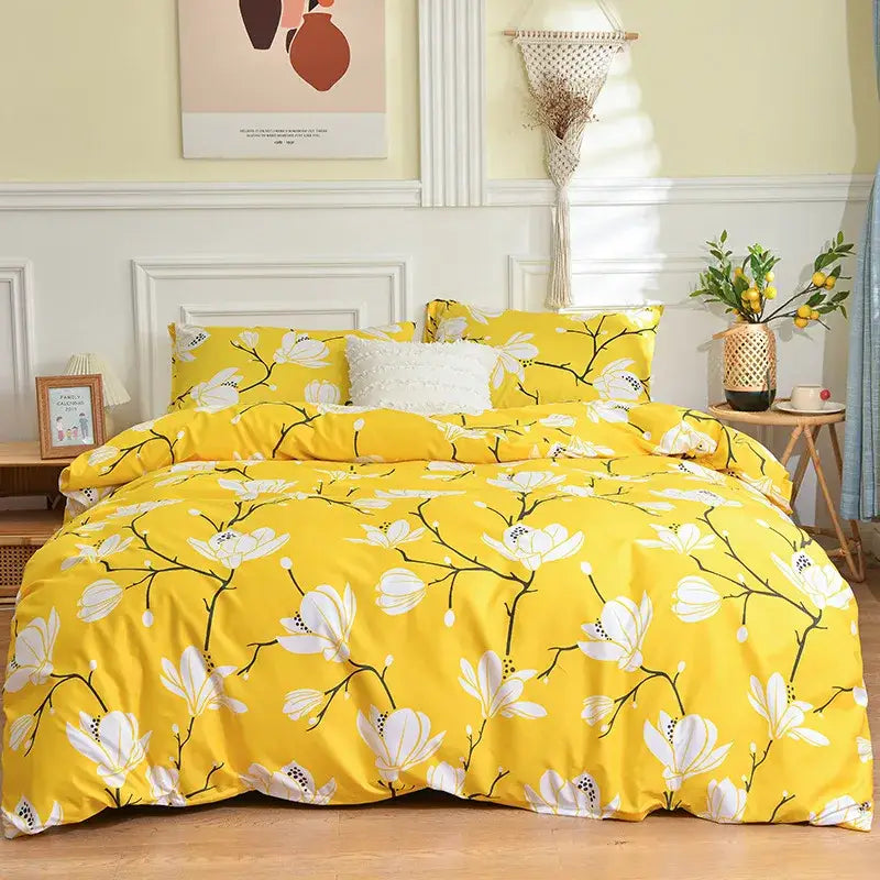 Bright yellow branch flower duvet cover set featuring bold white magnolia blossoms and black decorbites branch flower design
