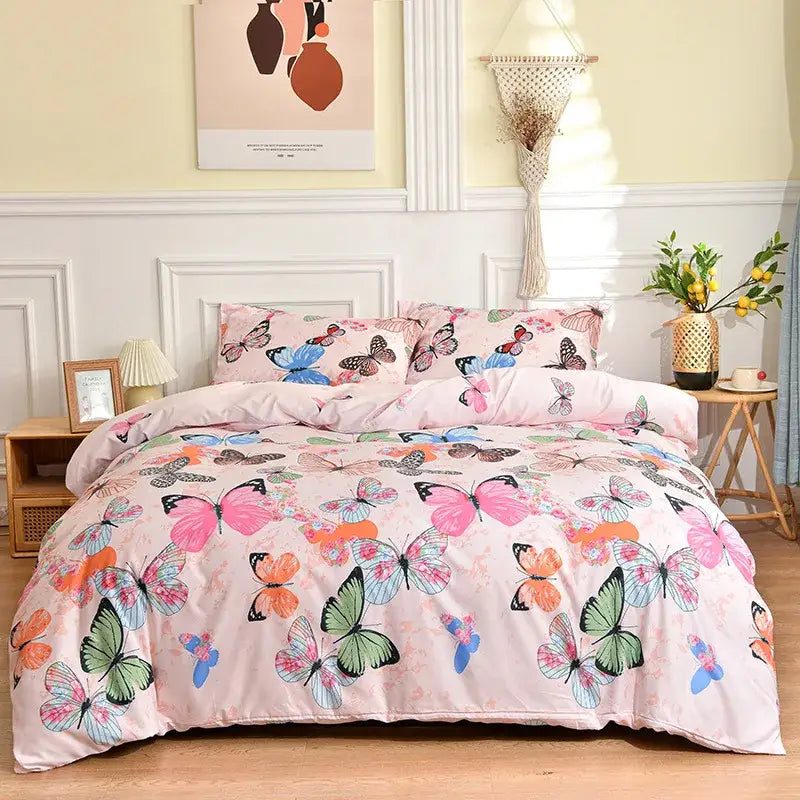 Pink butterfly-themed duvet set with colorful wing patterns on soft fabric for decorbites branch flower duvet cover