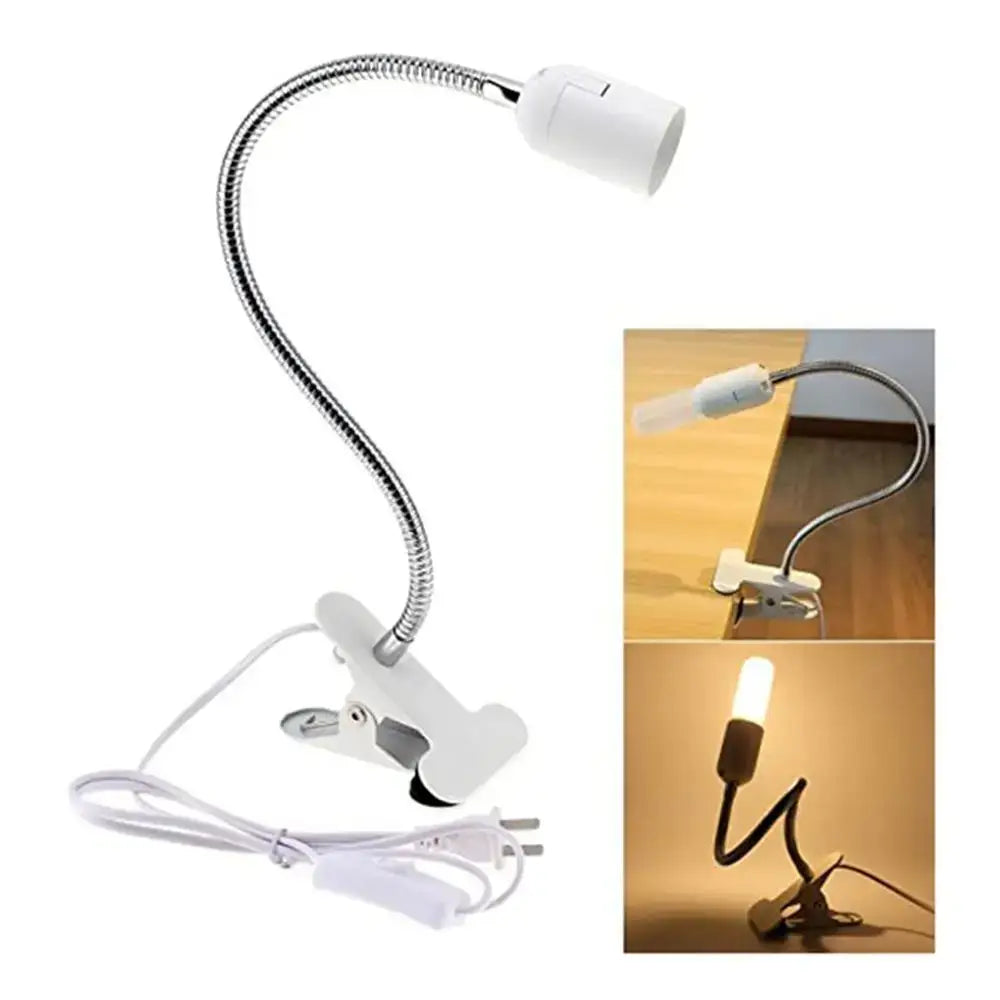 White clip-on desk light with flexible metallic gooseneck for bed headboard by decorbites clip