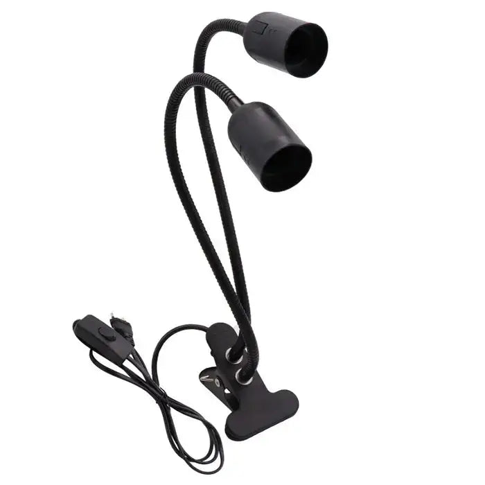 Black and white flexible gooseneck desk light with two adjustable heads and decorbites clip for bed headboard use