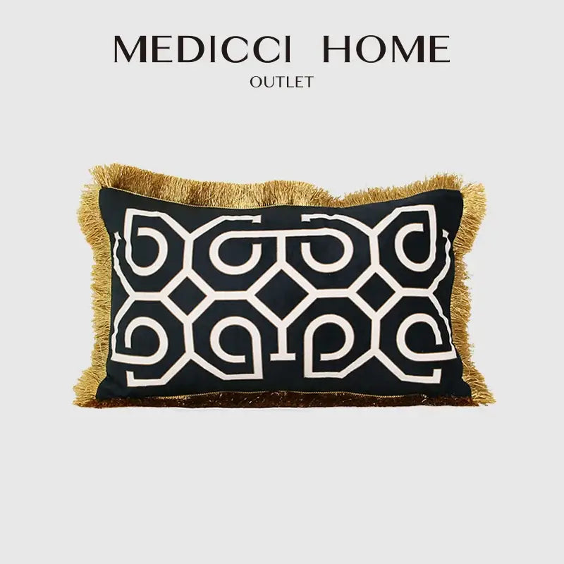 Black rectangular pillow cover with white geometric embroidery and gold fringe trim by medicci home outlet for living room decorbites geometric fringed lumbar pillow
