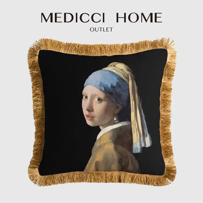 Black & white geometric fringed lumbar pillow cover featuring Vermeers girl with pearl earring print and golden fringe decorbites pillow cover