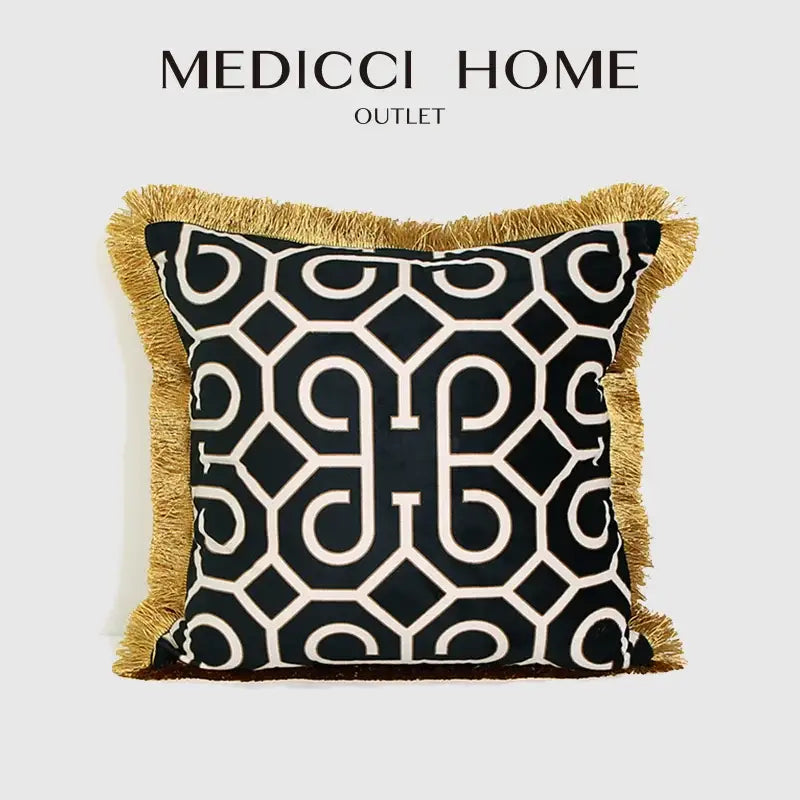 Black and white geometric fringed lumbar pillow cover with gold trim for living room decorbites pillow cover decor