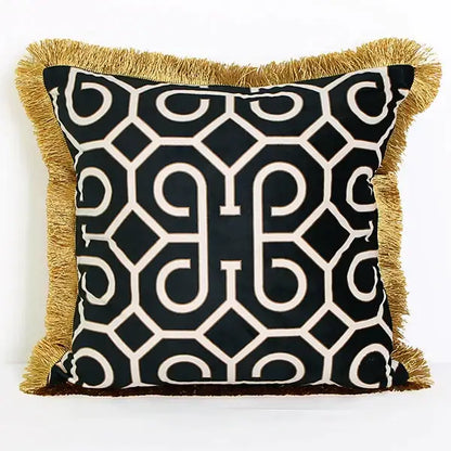 Black and cream decorbites geometric fringed lumbar pillow cover with gold fringe for living room decor