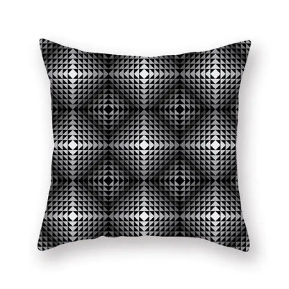 Square throw pillowcase featuring a bold black and white geometric star stripe print with interlocking triangles design