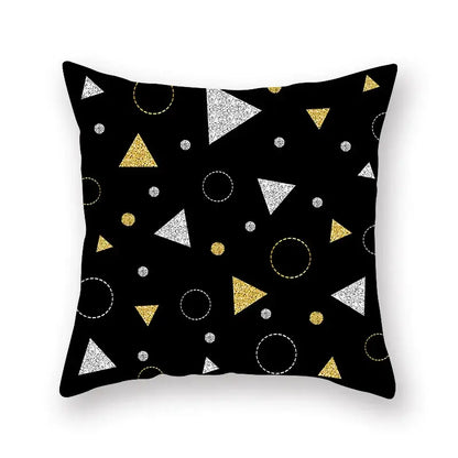 Black throw pillow with geometric star stripe glittery gold and silver triangles circles and dots for bedroom decor