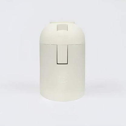 Cream-colored plastic lamp holder socket with rectangular latch and embossed logo for living room luminaire
