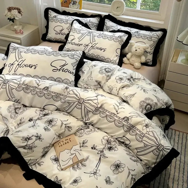 Black white printed floral bedding set with lace trim and ribbon motifs by decorbites black white for bedroom linens decor