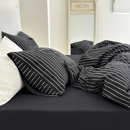 Black and white striped cotton duvet cover set featuring a textured woven fabric finish for bedroom bedding