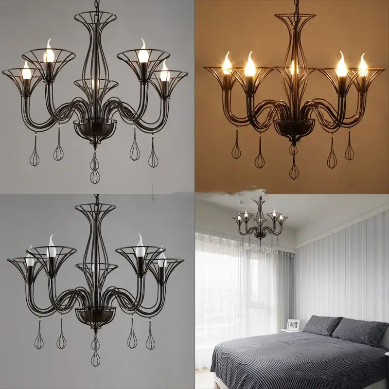 Black wrought iron chandelier with five candle-style arms and teardrop pendants for dining room decorbites black wrought