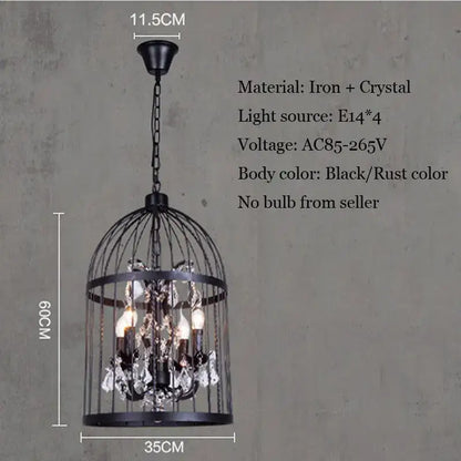 Black wrought iron bird cage chandelier with crystal droplets and four e14 light sockets for dining room decorbites crystal bird