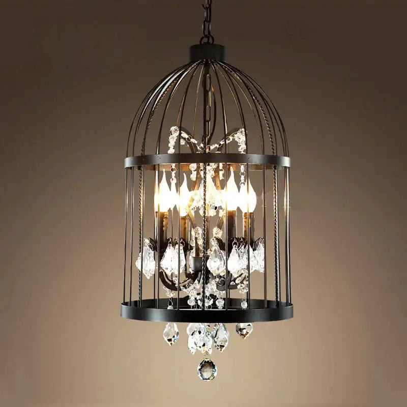 Black wrought iron crystal bird cage chandelier with candle-style bulbs and crystal droplets for dining room decorbites bird cage