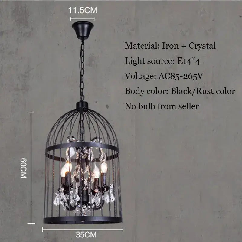 Black wrought iron bird cage chandelier with crystal droplets and four e14 sockets for dining room decorbites crystal bird