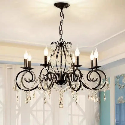 Black wrought iron crystal candle chandelier with crystal droplets and candle-style bulbs for living room decorbites crystal candle lighting