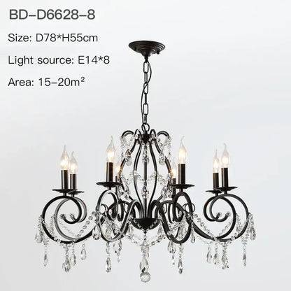 Black wrought iron crystal candle chandelier with crystal droplets and candle style bulbs for living room lighting decorbites crystal candle