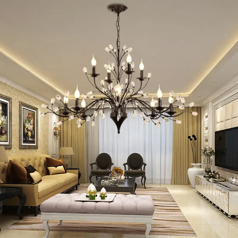 Black wrought iron crystal led chandelier with clear crystal accents and exposed bulbs for dining room decorbites crystal led